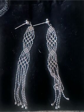 14K White Gold Dangle Tassel Earrings - Elegant Beaded Fringe